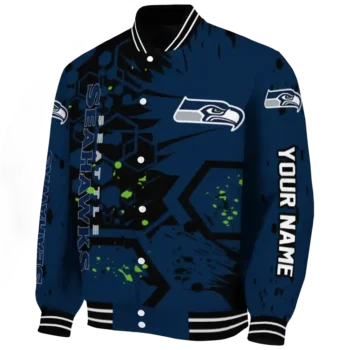 custom seattle seahawks hexagon cluster blue black varsity jacket best selling