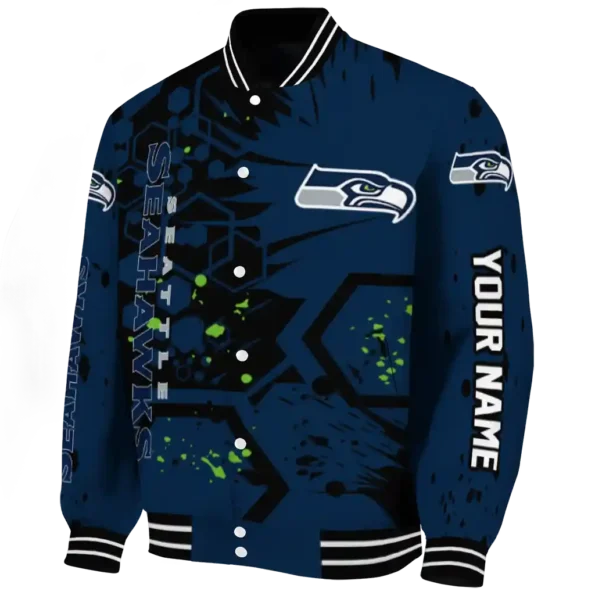 custom seattle seahawks hexagon cluster blue black varsity jacket best selling