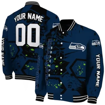 custom seattle seahawks hexagon cluster blue black varsity jacket fashion forward