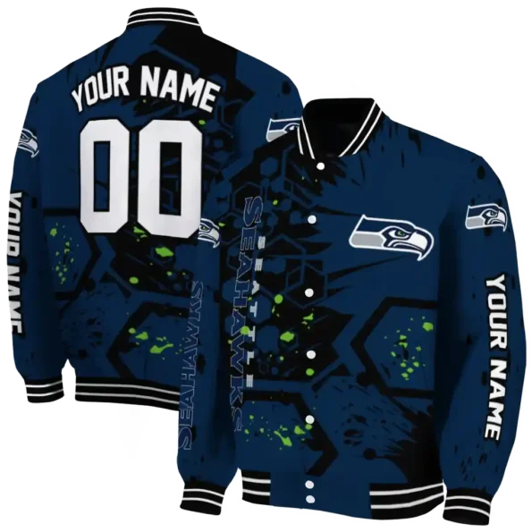 custom seattle seahawks hexagon cluster blue black varsity jacket fashion forward