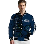 custom seattle seahawks hexagon cluster blue black varsity jacket best selling
