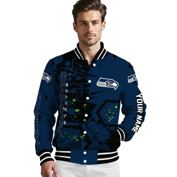 custom seattle seahawks hexagon cluster blue black varsity jacket high quality