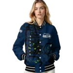 custom seattle seahawks hexagon cluster blue black varsity jacket best selling
