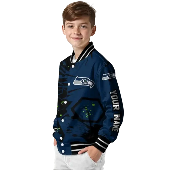 custom seattle seahawks hexagon cluster blue black varsity jacket trendy