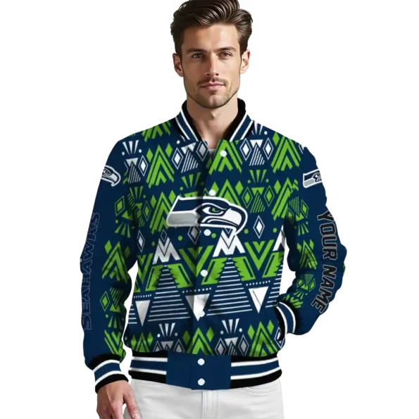 custom seattle seahawks pyramid shapes blue varsity jacket high quality