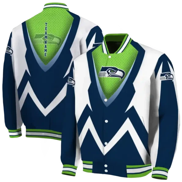 custom seattle seahawks v stripes blue white varsity jacket fashion forward