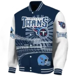 custom tennessee titans ferris arena navy white varsity jacket best selling