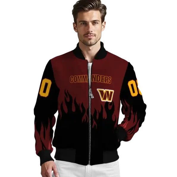 custom washington commanders flame border burgundy black bomber jacket high quality