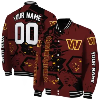 custom washington commanders hexagon cluster burgundy black varsity jacket fashion forward
