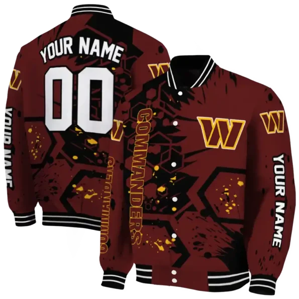 custom washington commanders hexagon cluster burgundy black varsity jacket fashion forward