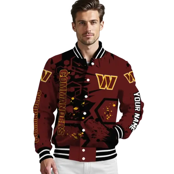 custom washington commanders hexagon cluster burgundy black varsity jacket high quality