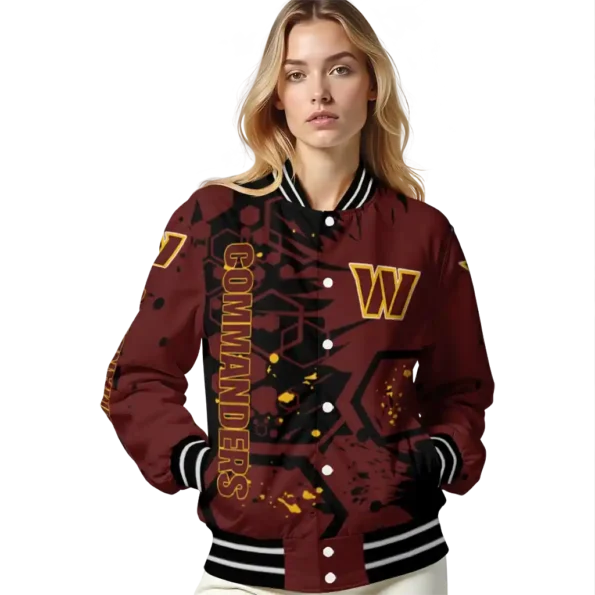 custom washington commanders hexagon cluster burgundy black varsity jacket latest model