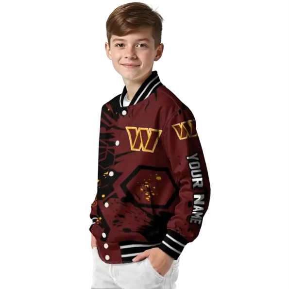 custom washington commanders hexagon cluster burgundy black varsity jacket trendy