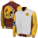 custom washington commanders speckled arms burgundy gray varsity jacket best selling