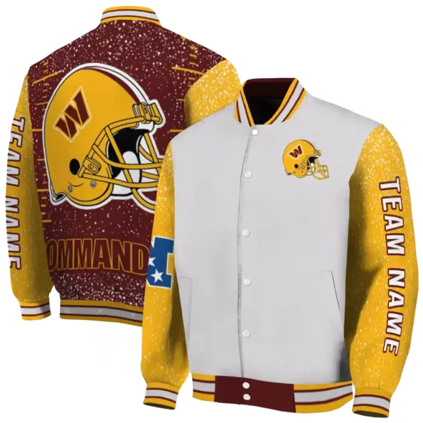 custom washington commanders speckled arms burgundy gray varsity jacket fashion forward