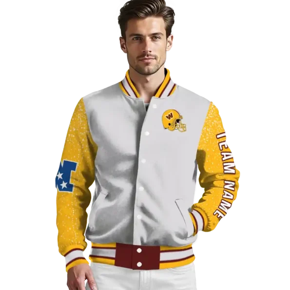 custom washington commanders speckled arms burgundy gray varsity jacket high quality