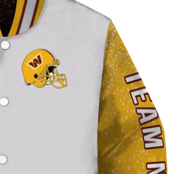 custom washington commanders speckled arms burgundy gray varsity jacket premium grade