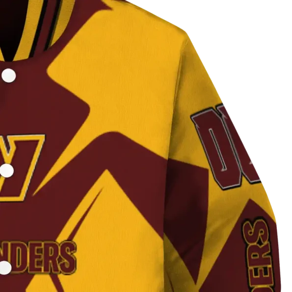 custom washington commanders spider mark burgundy yellow crocs varsity jacket premium grade