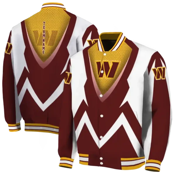 custom washington commanders v stripes burgundy white varsity jacket fashion forward