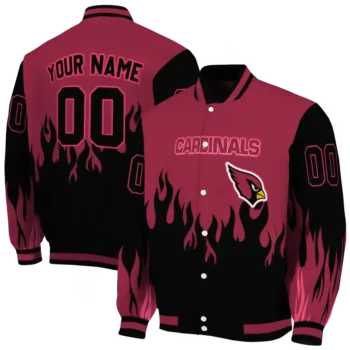 customized arizona cardinals flame border red black varsity jacket fashion forward.webp