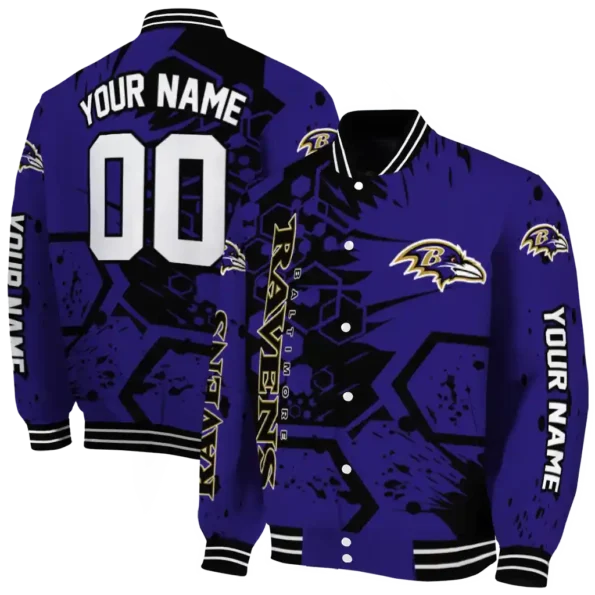 customized baltimore ravens hexagon cluster purple black varsity jacket fashion forward.webp
