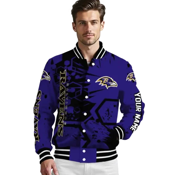 customized baltimore ravens hexagon cluster purple black varsity jacket high quality.webp
