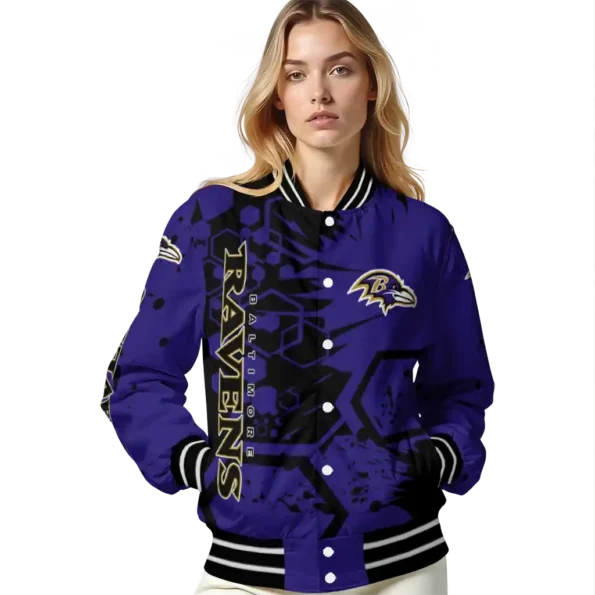 customized baltimore ravens hexagon cluster purple black varsity jacket latest model.webp