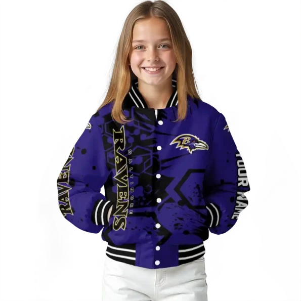 customized baltimore ravens hexagon cluster purple black varsity jacket top rated.webp