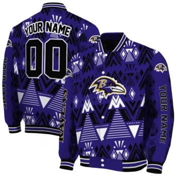 customized baltimore ravens pyramid shapes purple varsity jacket fashion forward.webp