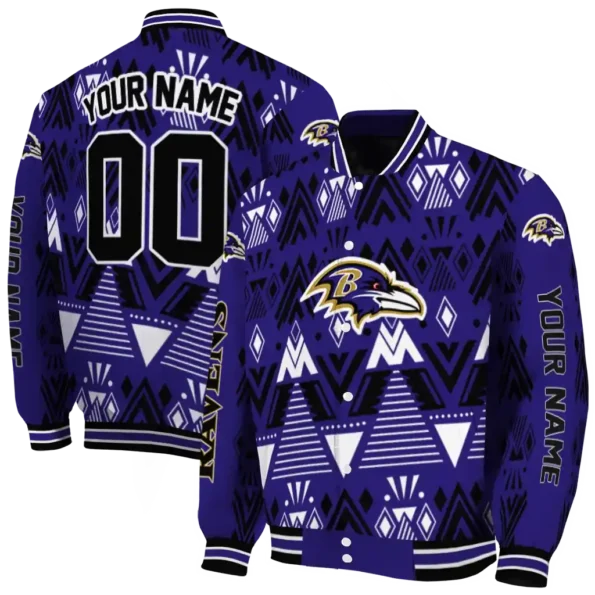 customized baltimore ravens pyramid shapes purple varsity jacket fashion forward.webp