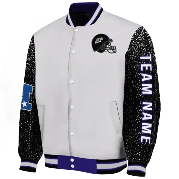 customized baltimore ravens speckled arms purple gray varsity jacket best selling.webp