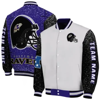 customized baltimore ravens speckled arms purple gray varsity jacket fashion forward.webp