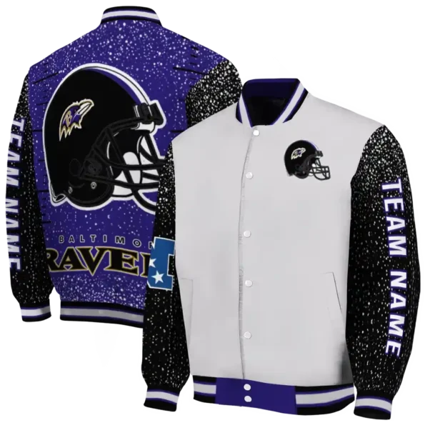 customized baltimore ravens speckled arms purple gray varsity jacket fashion forward.webp