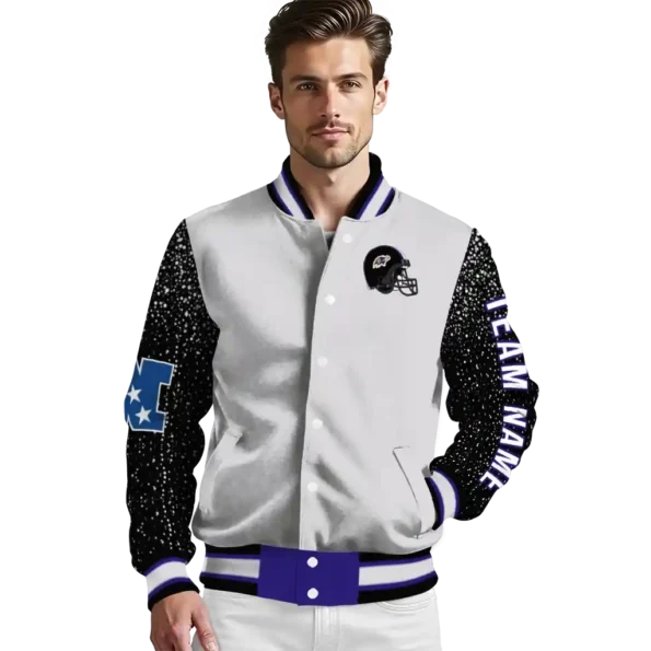 customized baltimore ravens speckled arms purple gray varsity jacket high quality.webp