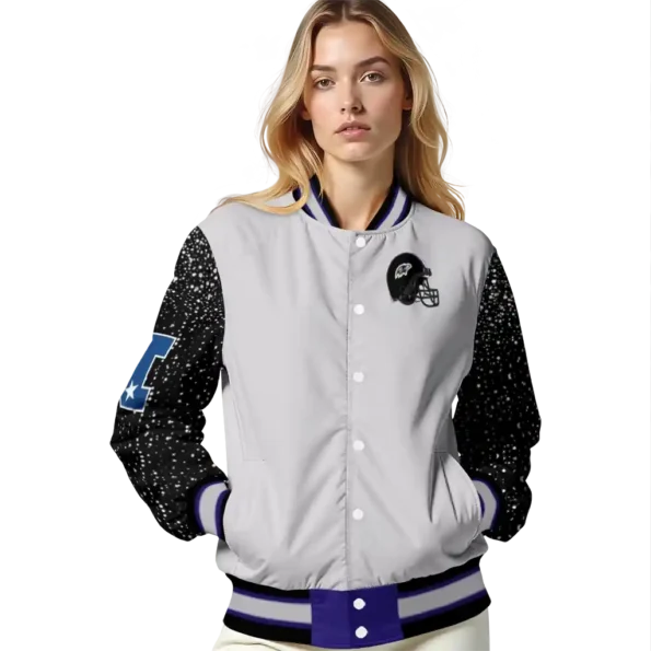 customized baltimore ravens speckled arms purple gray varsity jacket latest model.webp