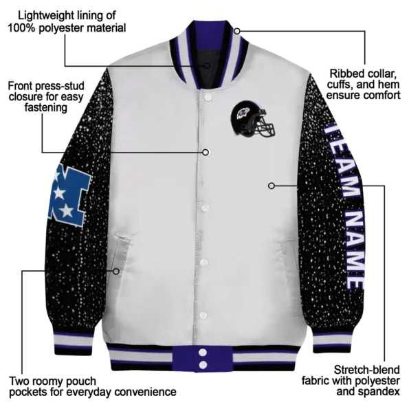 customized baltimore ravens speckled arms purple gray varsity jacket new arrival.webp