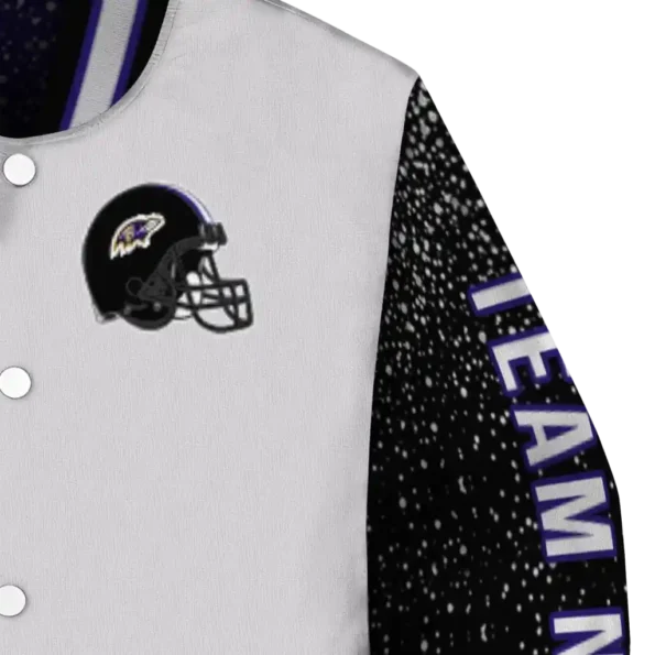 customized baltimore ravens speckled arms purple gray varsity jacket premium grade.webp