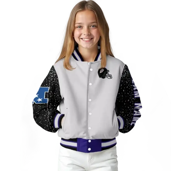customized baltimore ravens speckled arms purple gray varsity jacket top rated.webp