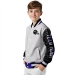 customized baltimore ravens speckled arms purple gray varsity jacket best selling.webp