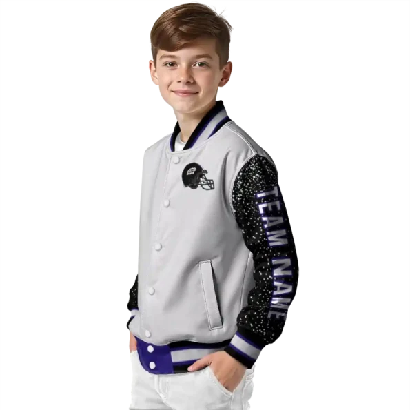 customized baltimore ravens speckled arms purple gray varsity jacket trendy.webp