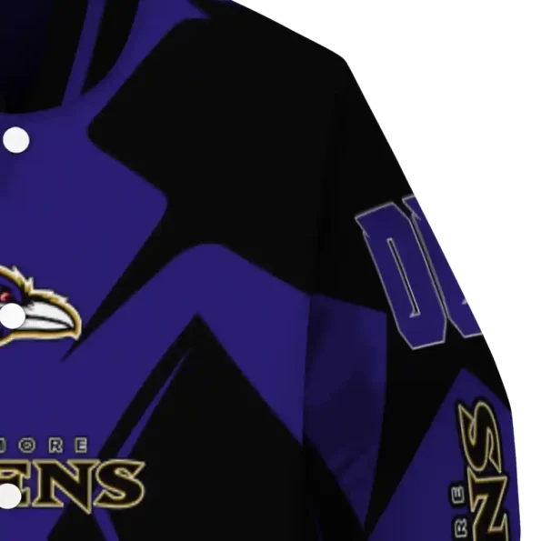 customized baltimore ravens spider mark purple black crocs varsity jacket premium grade.webp