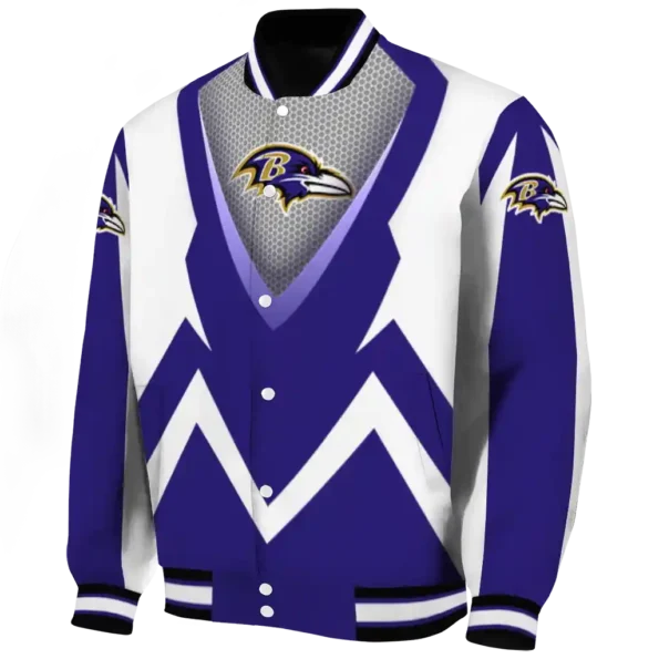 customized baltimore ravens v stripes purple white varsity jacket best selling.webp