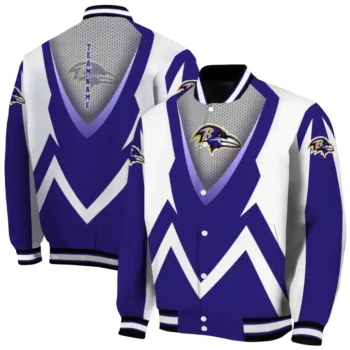 customized baltimore ravens v stripes purple white varsity jacket fashion forward.webp