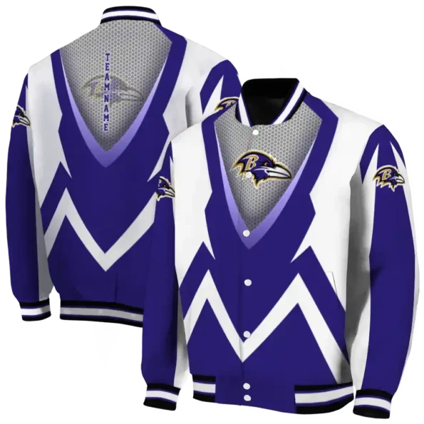 customized baltimore ravens v stripes purple white varsity jacket fashion forward.webp