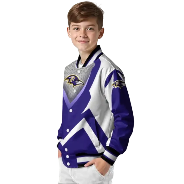 customized baltimore ravens v stripes purple white varsity jacket trendy.webp