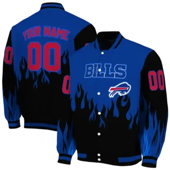 customized buffalo bills flame border blue black varsity jacket fashion forward.webp