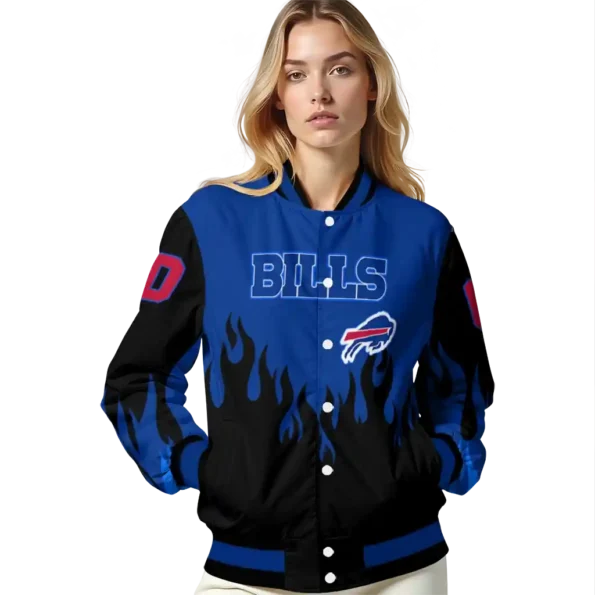 customized buffalo bills flame border blue black varsity jacket latest model.webp