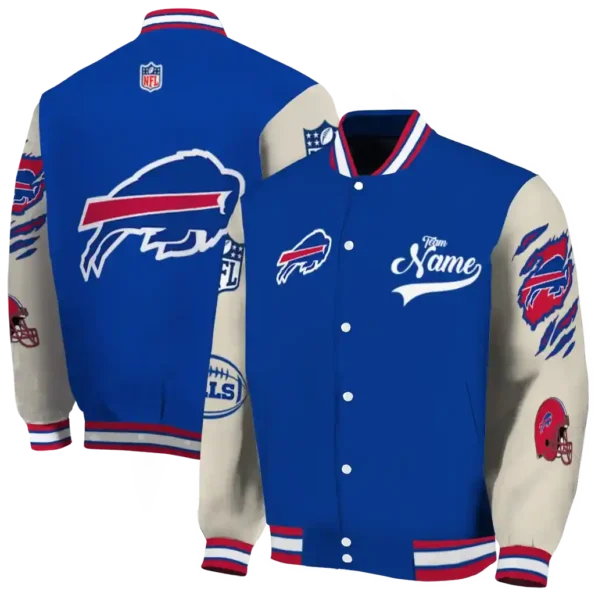 customized buffalo bills razorback outline blue nude varsity jacket fashion forward.webp