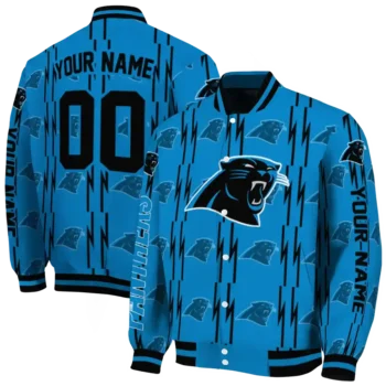 customized carolina panthers bolt stripe blue varsity jacket fashion forward.webp