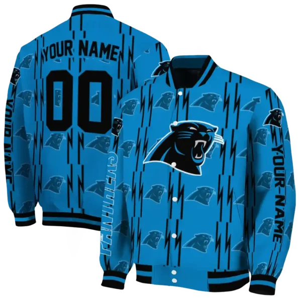 customized carolina panthers bolt stripe blue varsity jacket fashion forward.webp